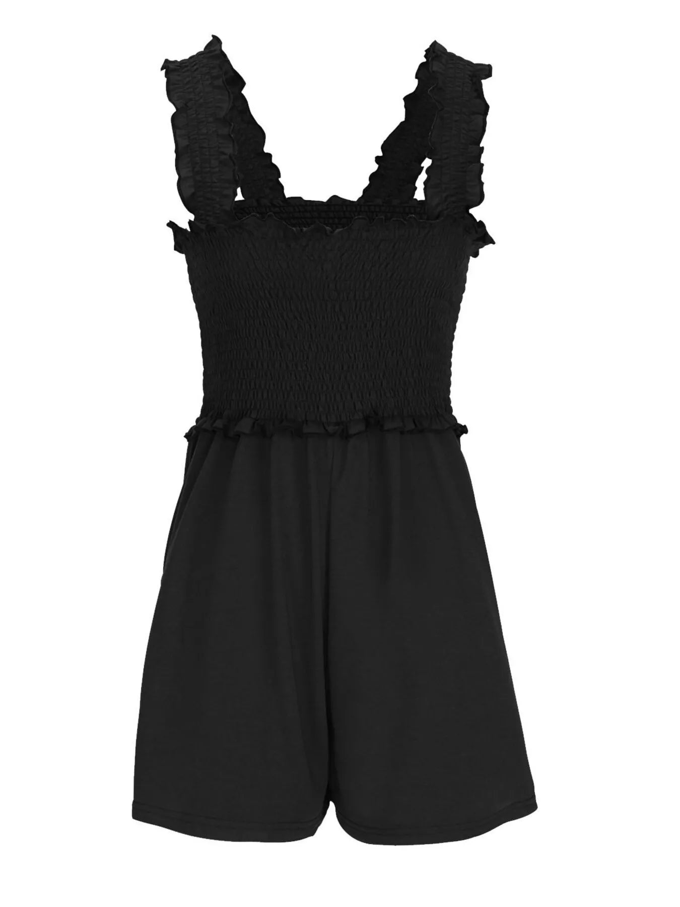 Black smocked square-neck romper with ruffled straps and loose short legs