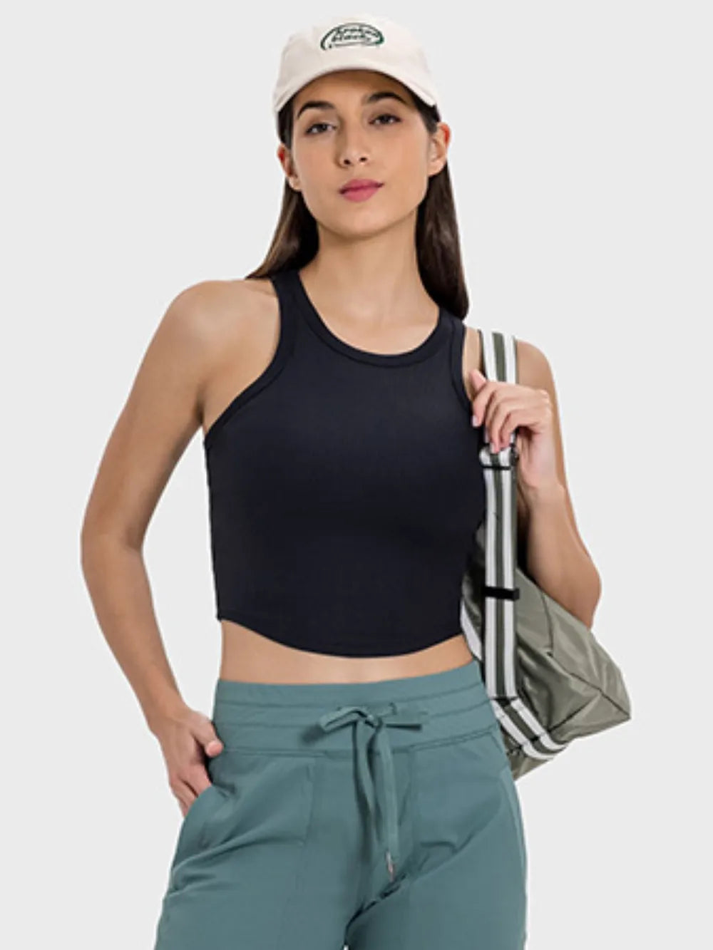 Black ribbed active tank with round neck and racerback, sleeveless cropped style