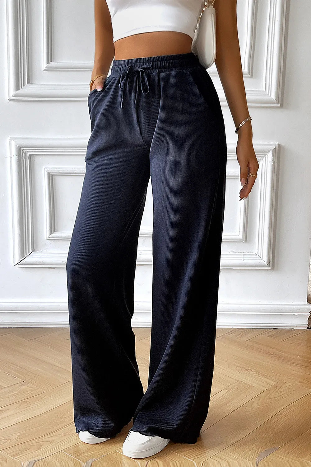 Devine dark blue wide-leg drawstring pants with elastic waist and draped legs
