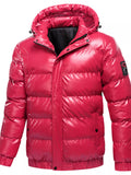 Men's hooded puffer jacket, red, full-zip with stand collar and quilted insulation.