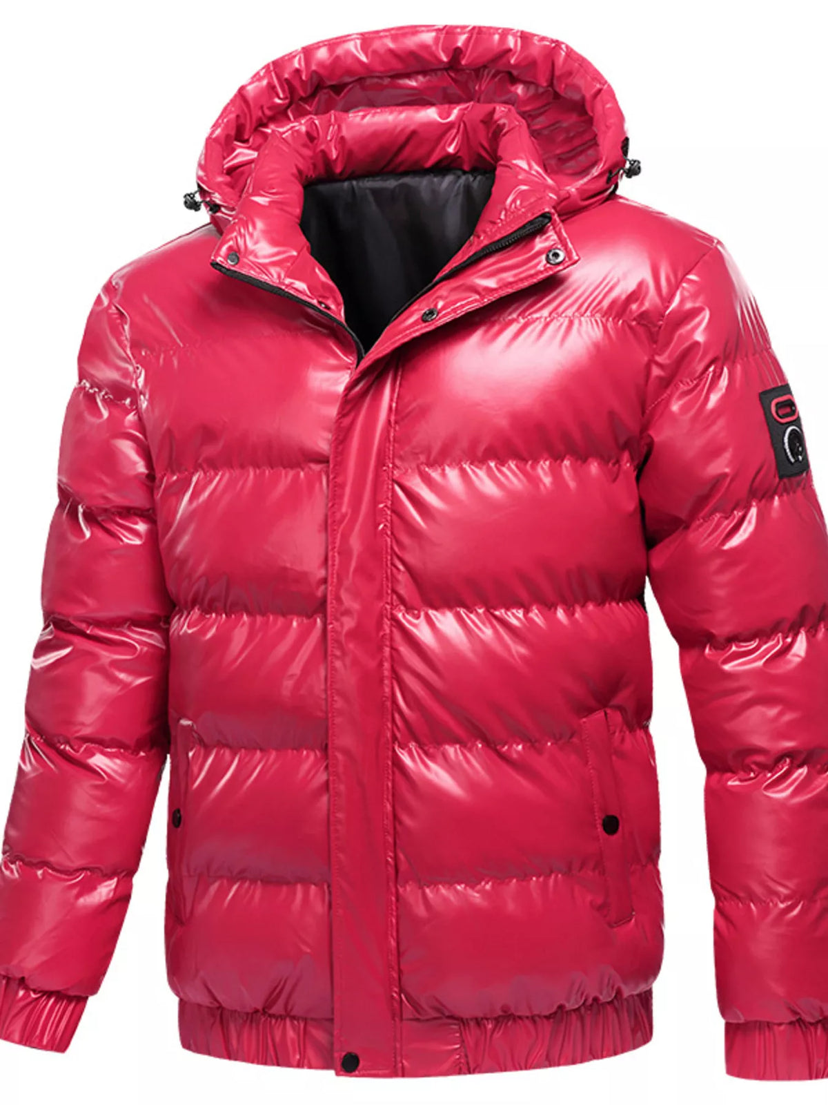 Men's hooded puffer jacket, red, full-zip with stand collar and quilted insulation.