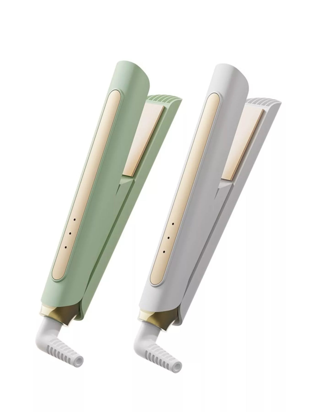 Hair straightener in gum leaf and light gray, side profile with gold plates
