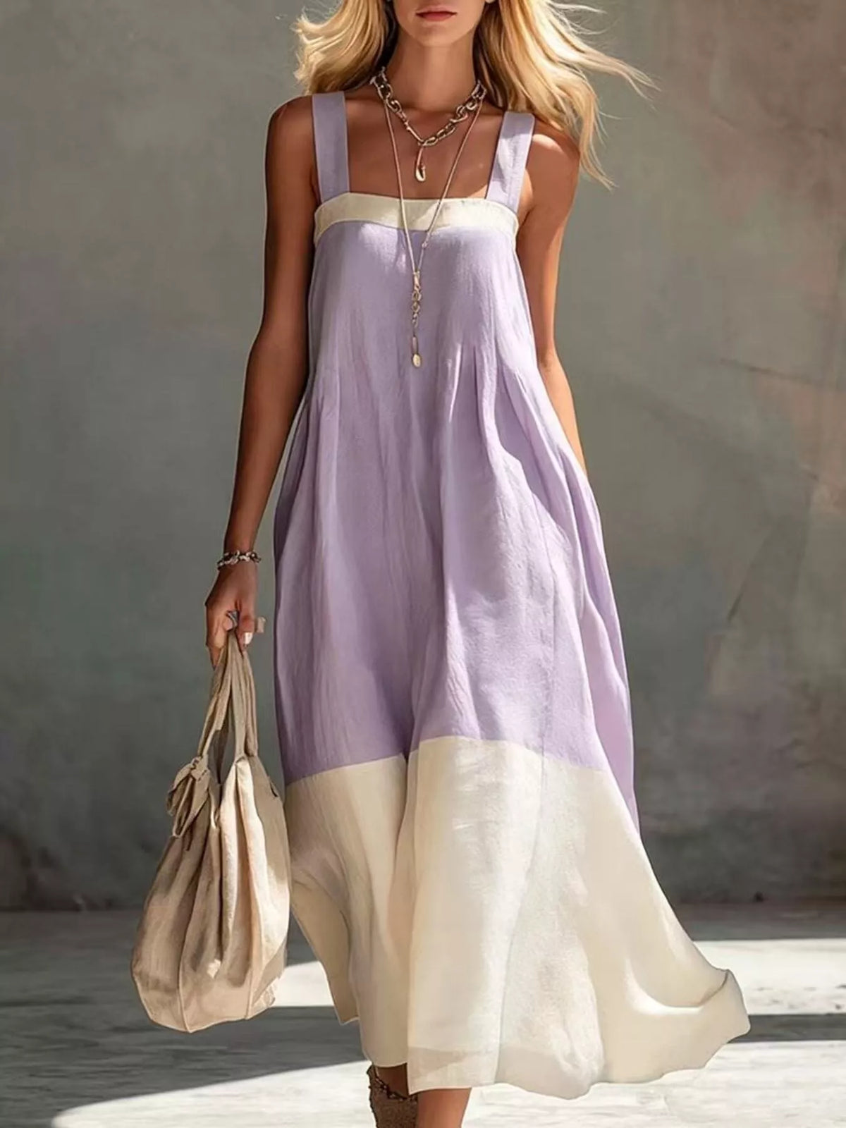Lavender and cream color-block sleeveless linen midi dress with wide shoulder straps