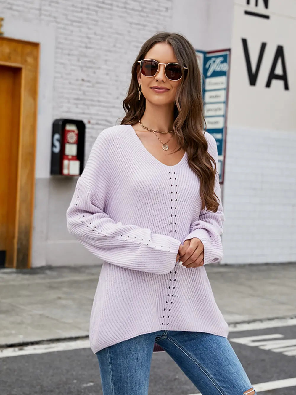 Lavender long sleeve sweater, front view, vertical eyelet openwork and ribbed knit sleeves
