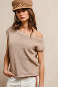 Latte one-shoulder knit top with short sleeves and ribbed neckline