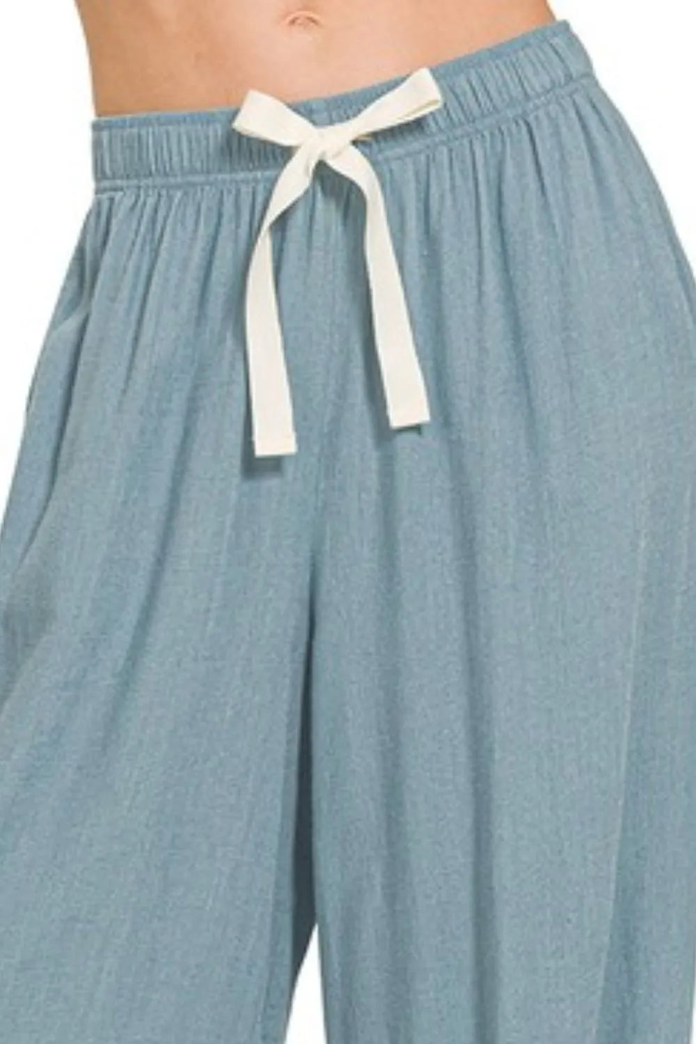 Linen drawstring pants, blue grey, elastic waist and white tie closure