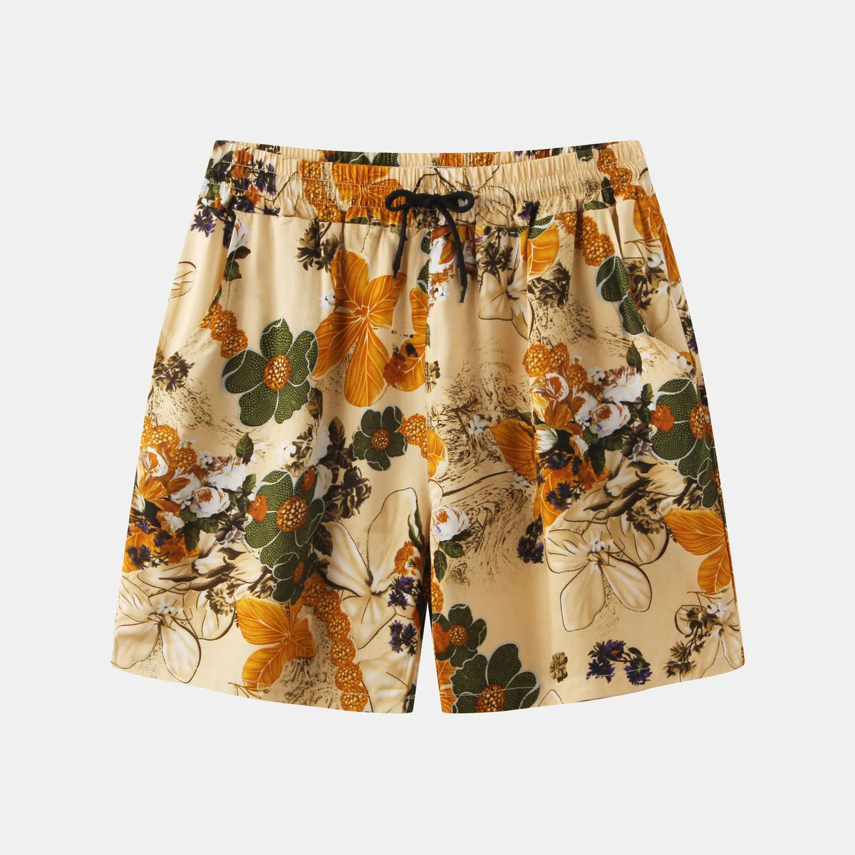 Floral cotton shorts with elastic drawstring waist, beige base with orange and green flowers