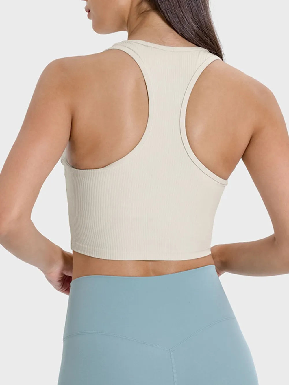Scoop neck wide-strap active tank, cream ribbed knit racerback back view