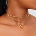 Gold double-layer V-shaped choker necklace with two thin wire-like bands