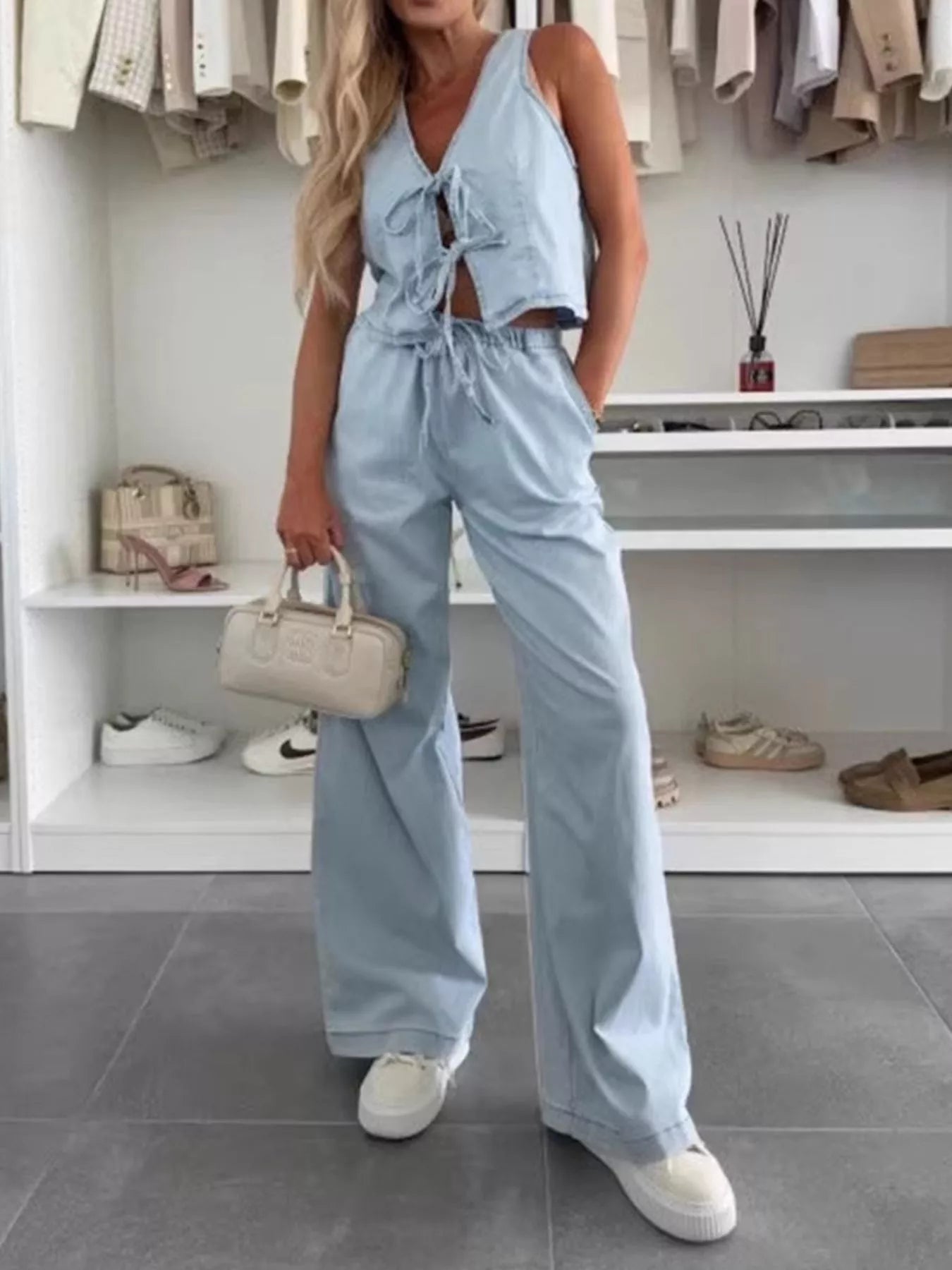 Light blue denim tie-front vest and wide-leg jeans set, sleeveless