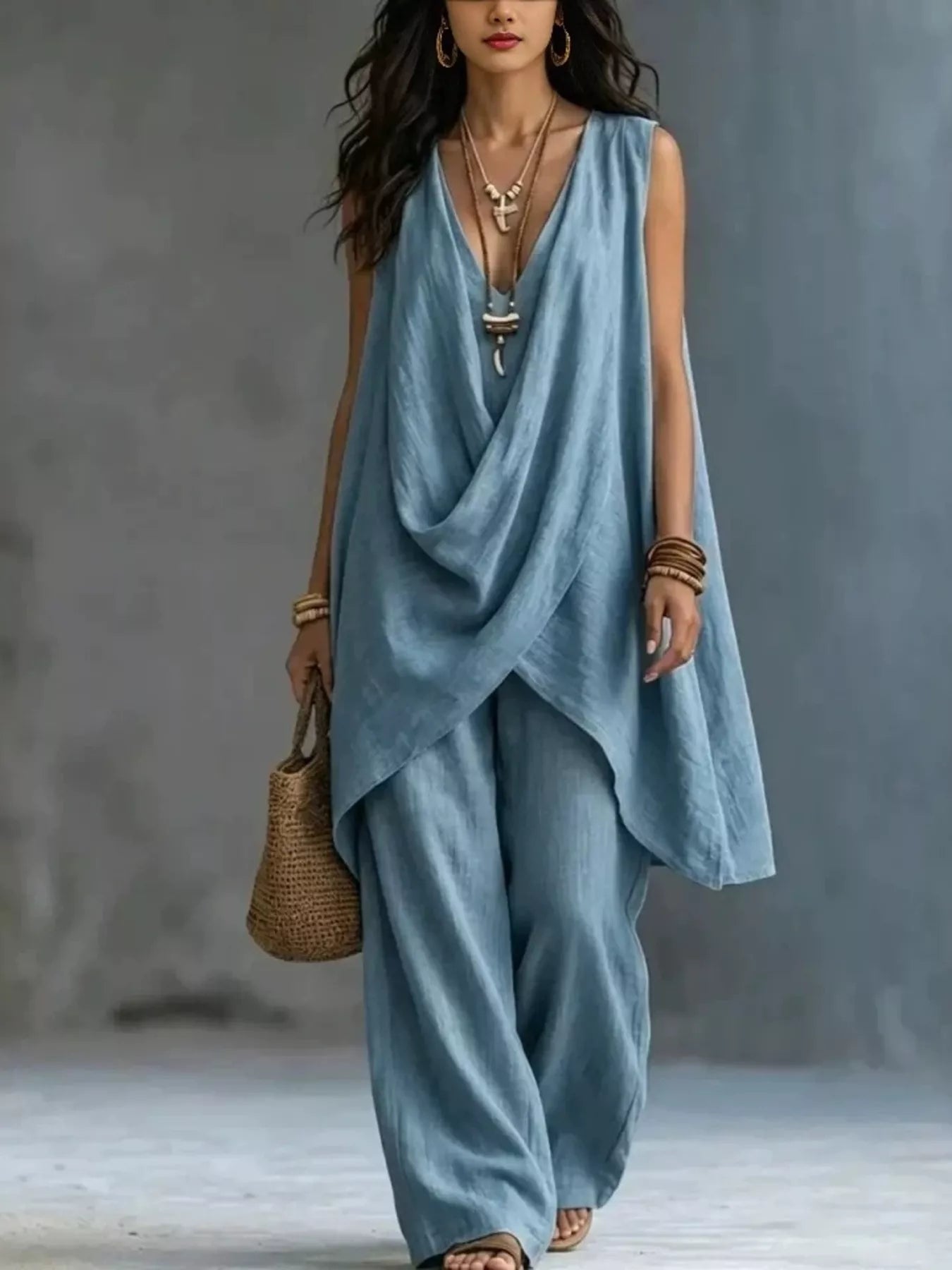 Sleeveless asymmetrical top & wide-leg pants set, sky blue draped crossover neckline