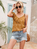 Honey polka-dot ruffle-trim asymmetrical tank top with V neckline and layered ruffle