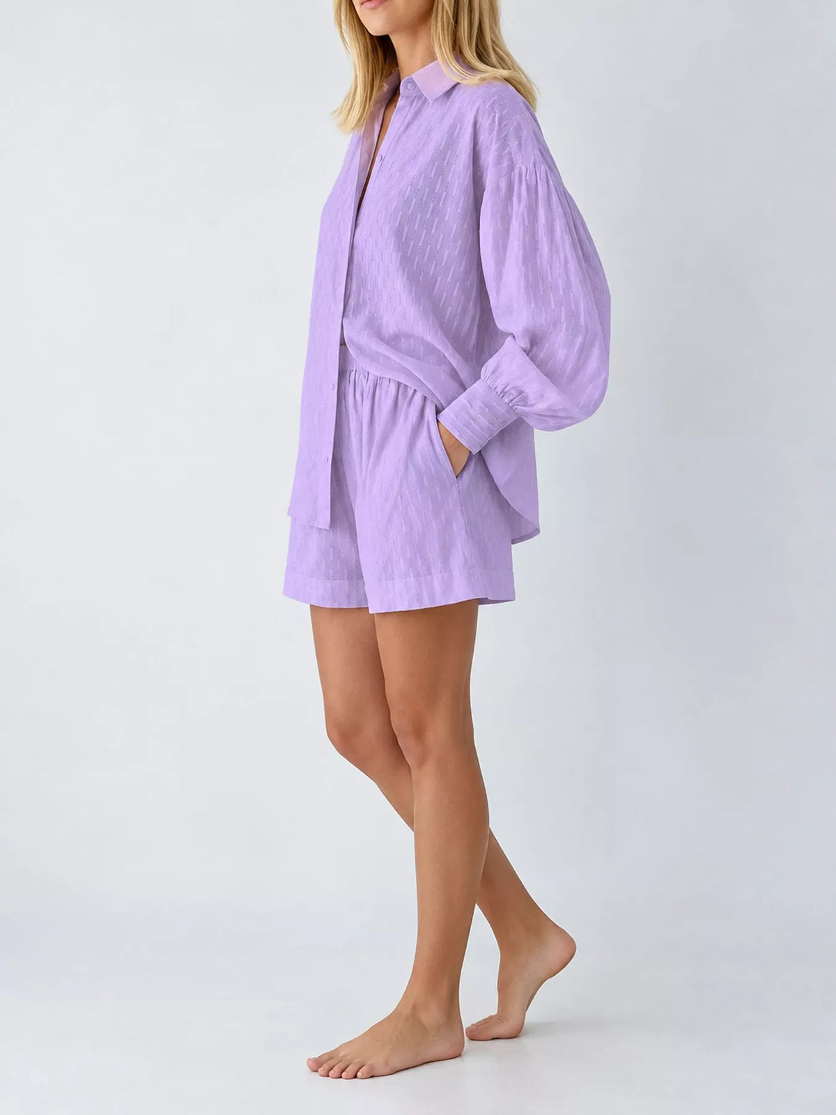 Lavender textured button-down shirt and shorts set, long sleeves with ruffled tie waist
