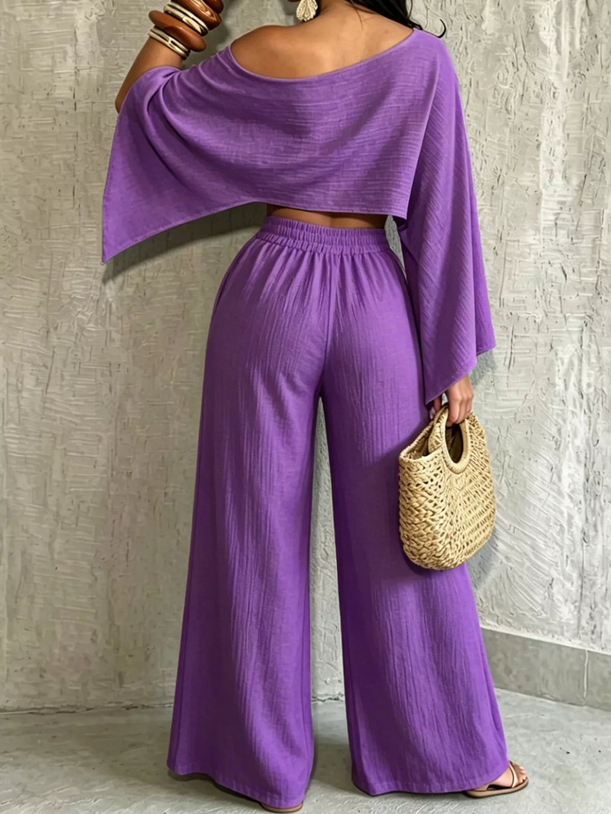 Women’s purple boat-neck crop top and wide-leg pants, elastic waist and flowing sleeves