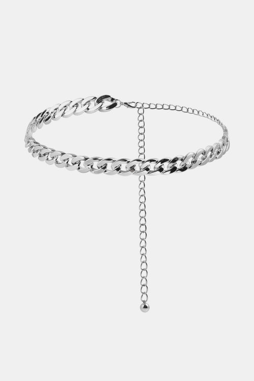 Silver curb chain belt with adjustable clasp and dangling chain length