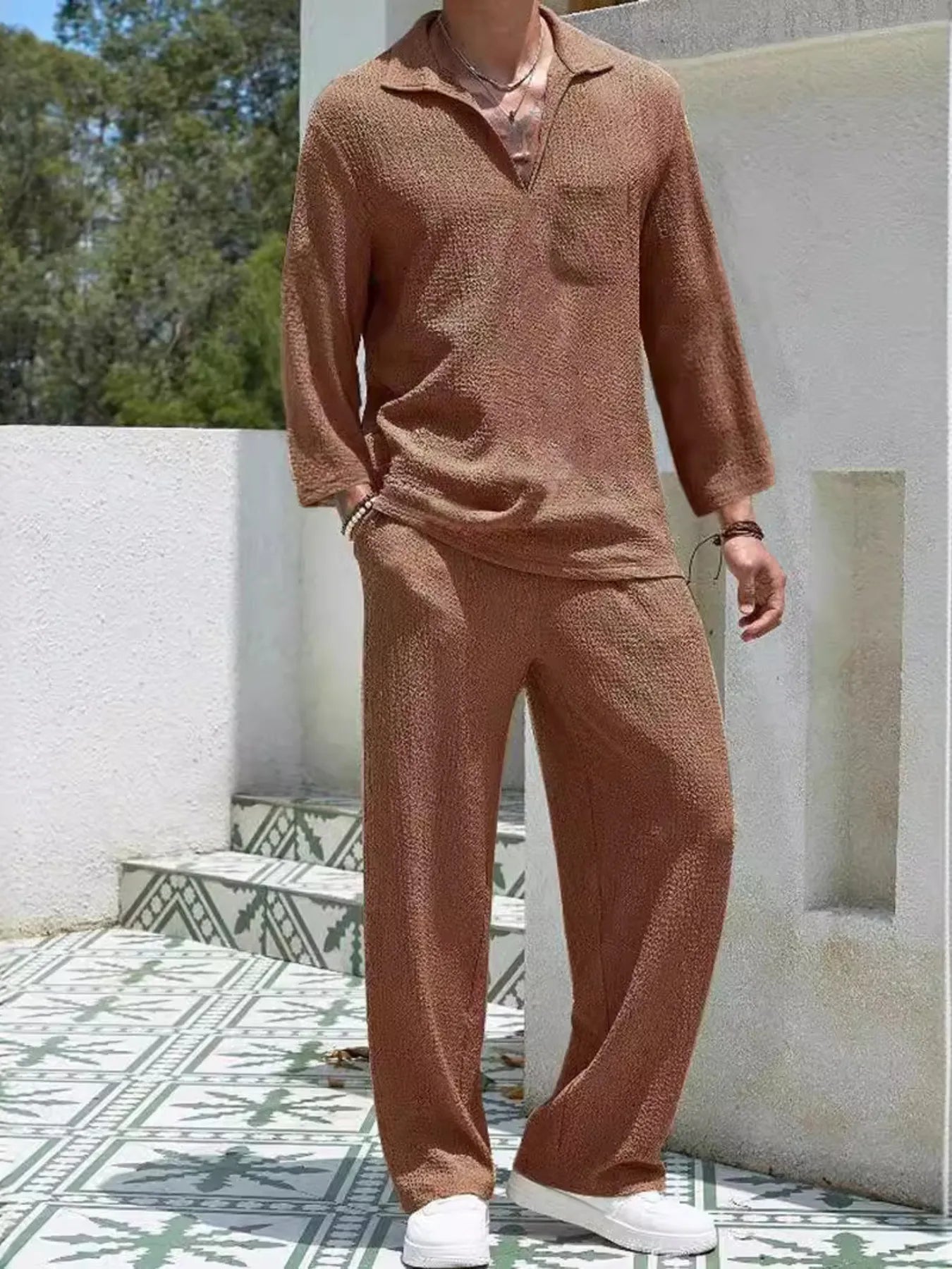 Men's long-sleeve top and pants set in caramel brown, front notch collar and pocket