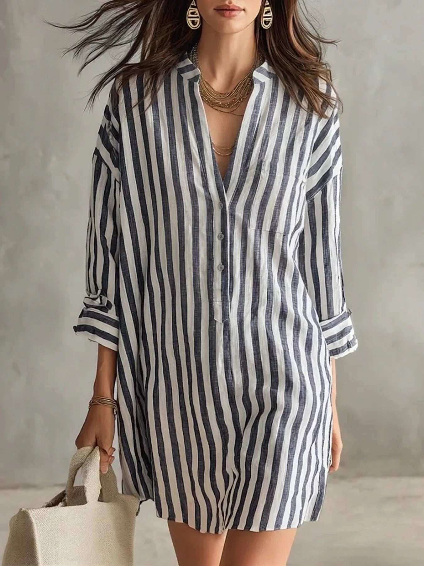 Black-and-white striped shirt dress with button front, collar, 3/4 sleeves