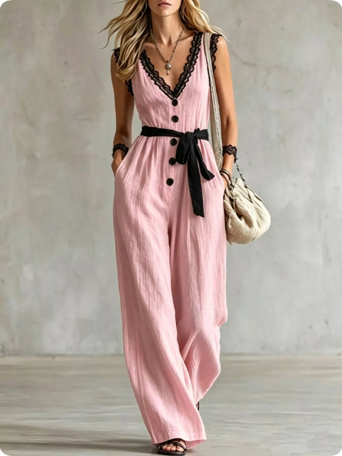Pink lace-trim V-neck sleeveless jumpsuit with black button front and waist ribbon tie