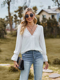 Flounce-sleeve blouse in white, V-neck with lace trim and pintuck detail
