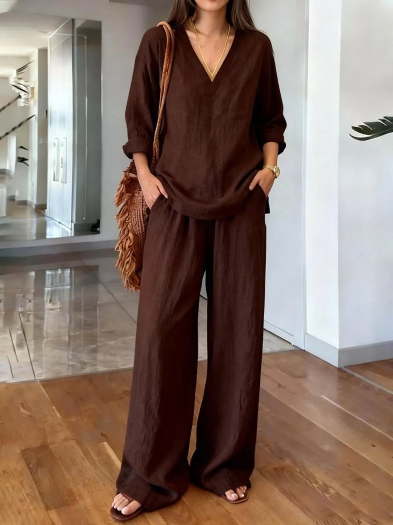 V-neck top and wide-leg pants set in dark brown, loose V-neck top and trousers