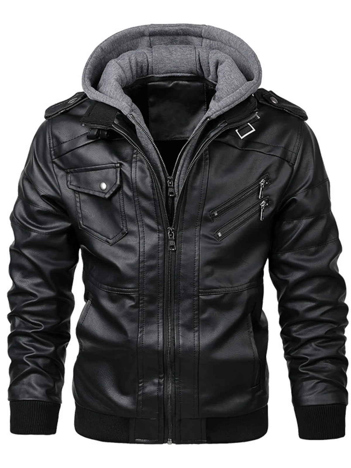 Men's black vegan leather hooded motorcycle jacket with snap-strap shoulders and zip pockets