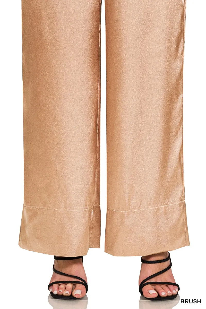Satin wide-leg pants in brush nude with straight hem and side seams