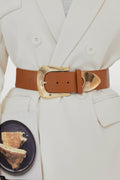 Caramel elastic wide vegan belt with gold buckle and perforated strap holes