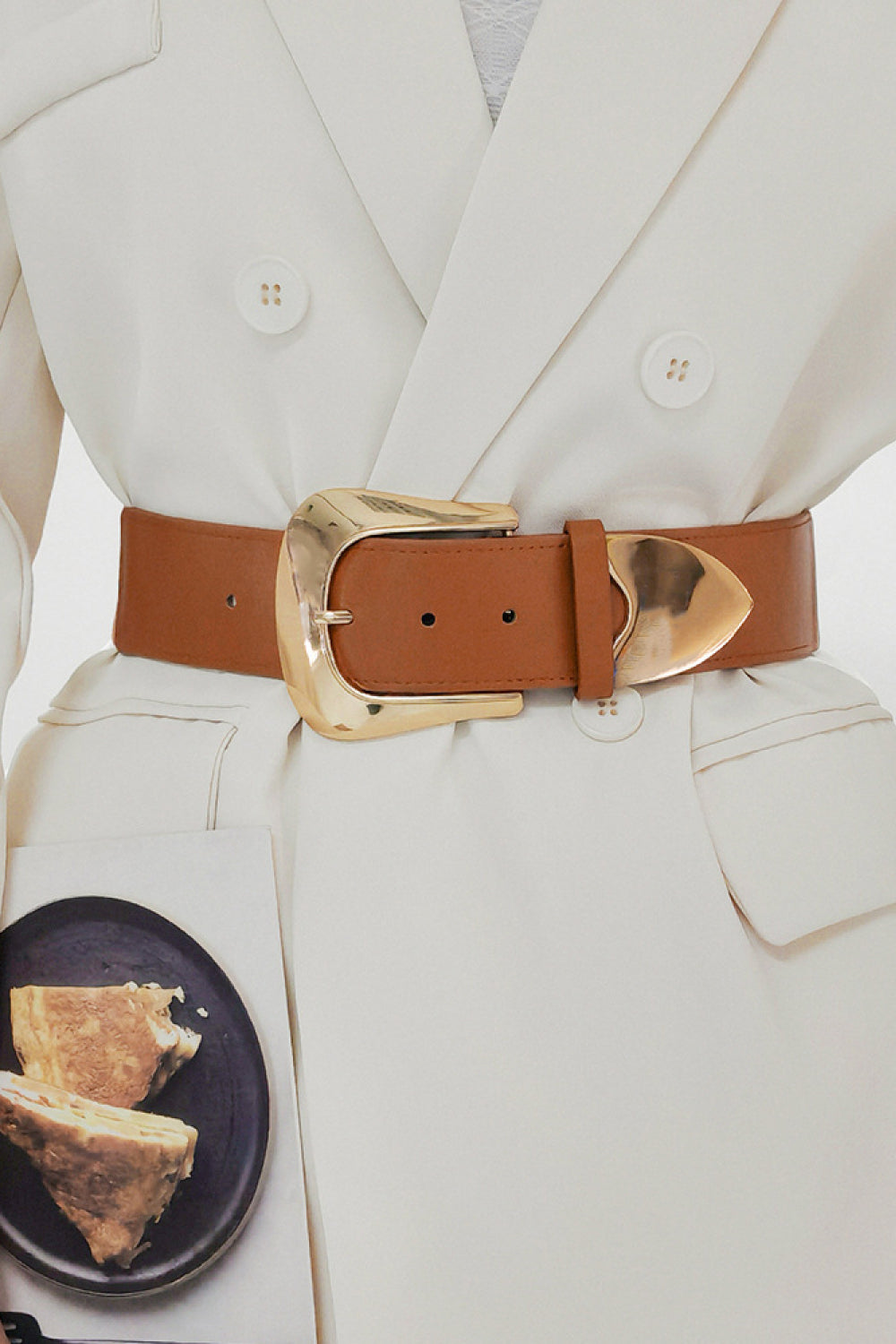 Caramel elastic wide vegan belt with gold buckle and perforated strap holes