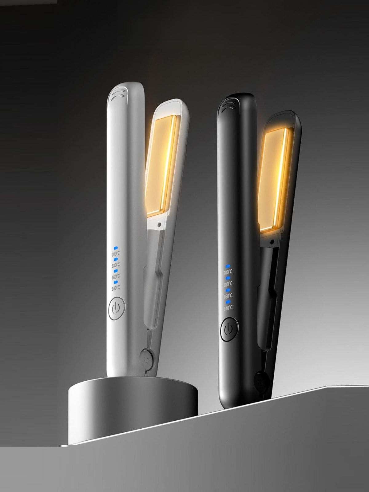 Cordless travel hair straightener set with white and black plates, charging base included