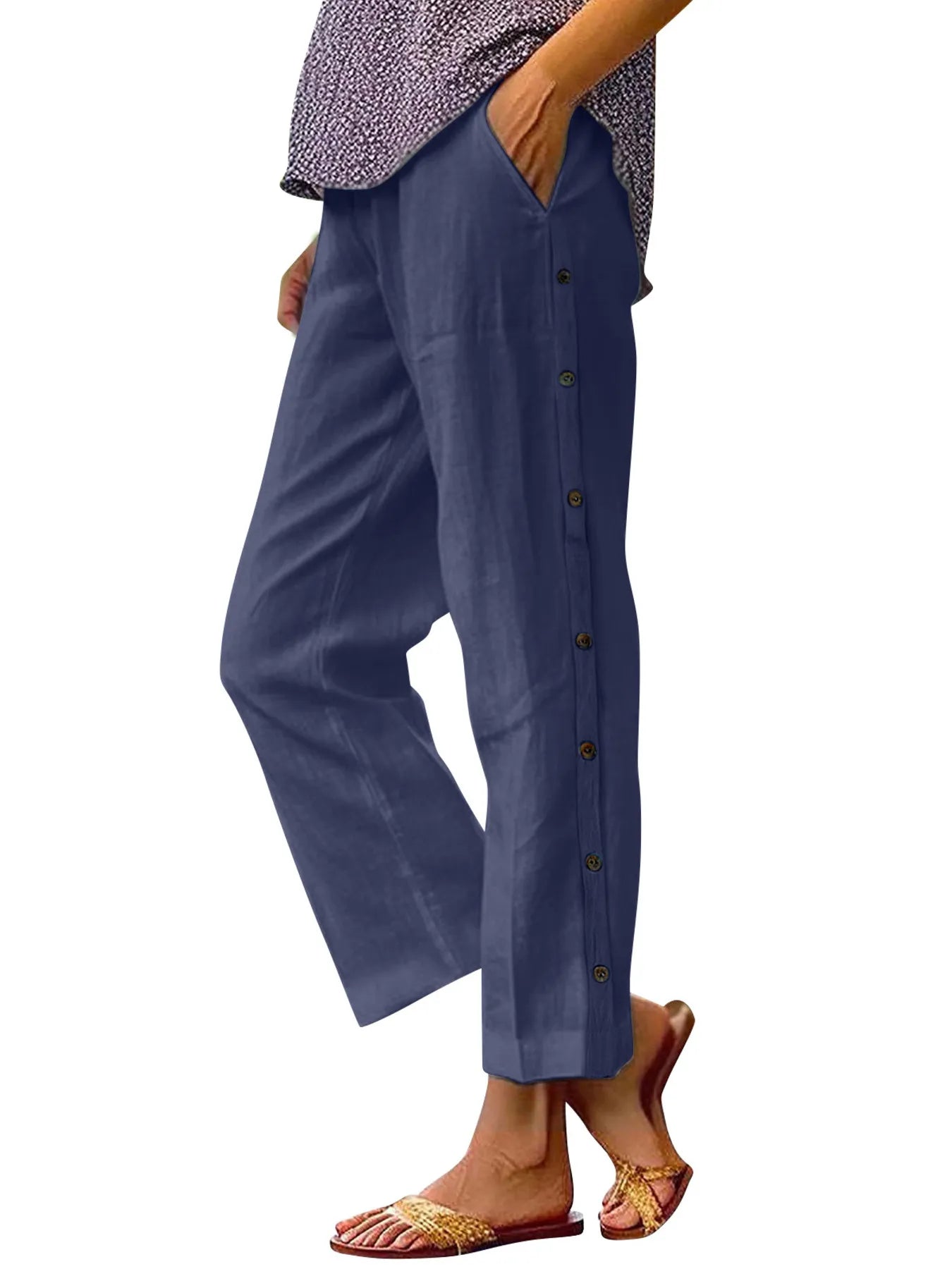 Navy blue wide-leg casual pants with side decorative buttons and elastic waist