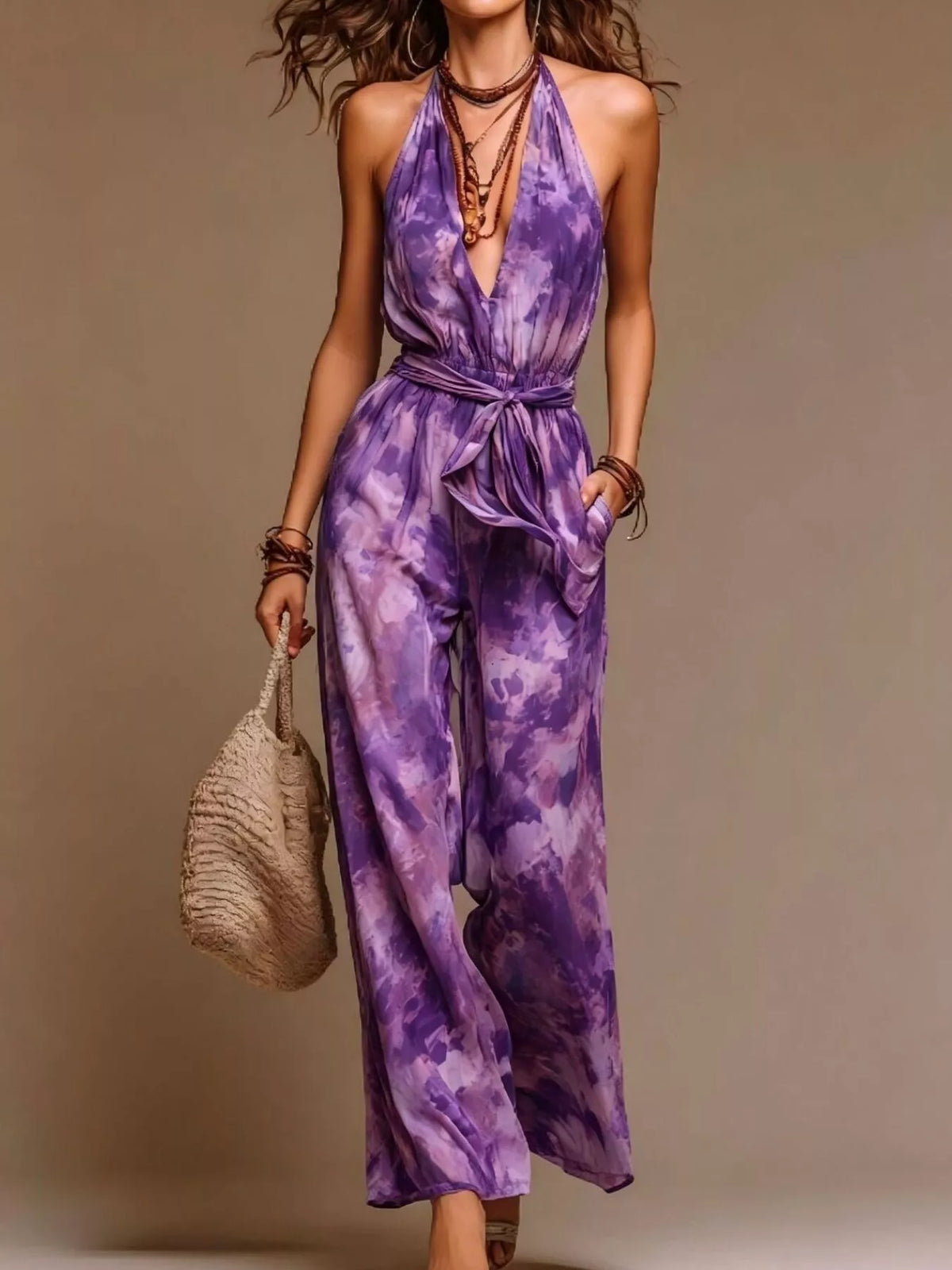 Purple tie-dye halter wide-leg jumpsuit with matching tie belt