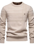 Cream men’s round-neck striped knit sweater with ribbed cuffs and hem