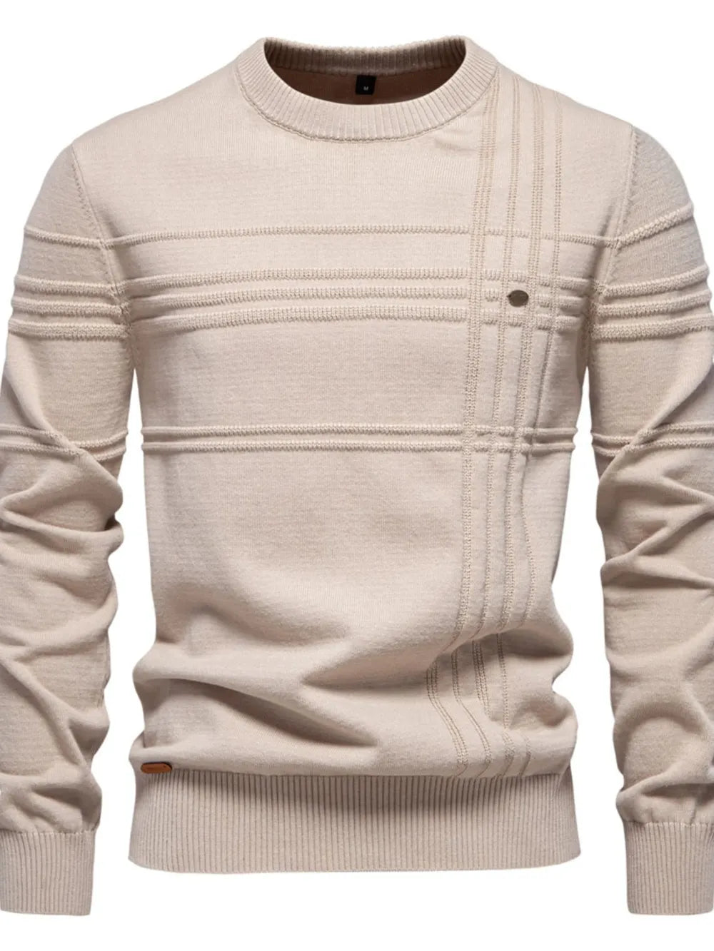 Cream men’s round-neck striped knit sweater with ribbed cuffs and hem
