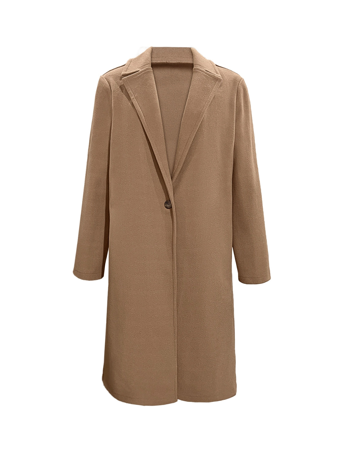 Camel collared coat with notched lapel, long sleeves, single front button closure