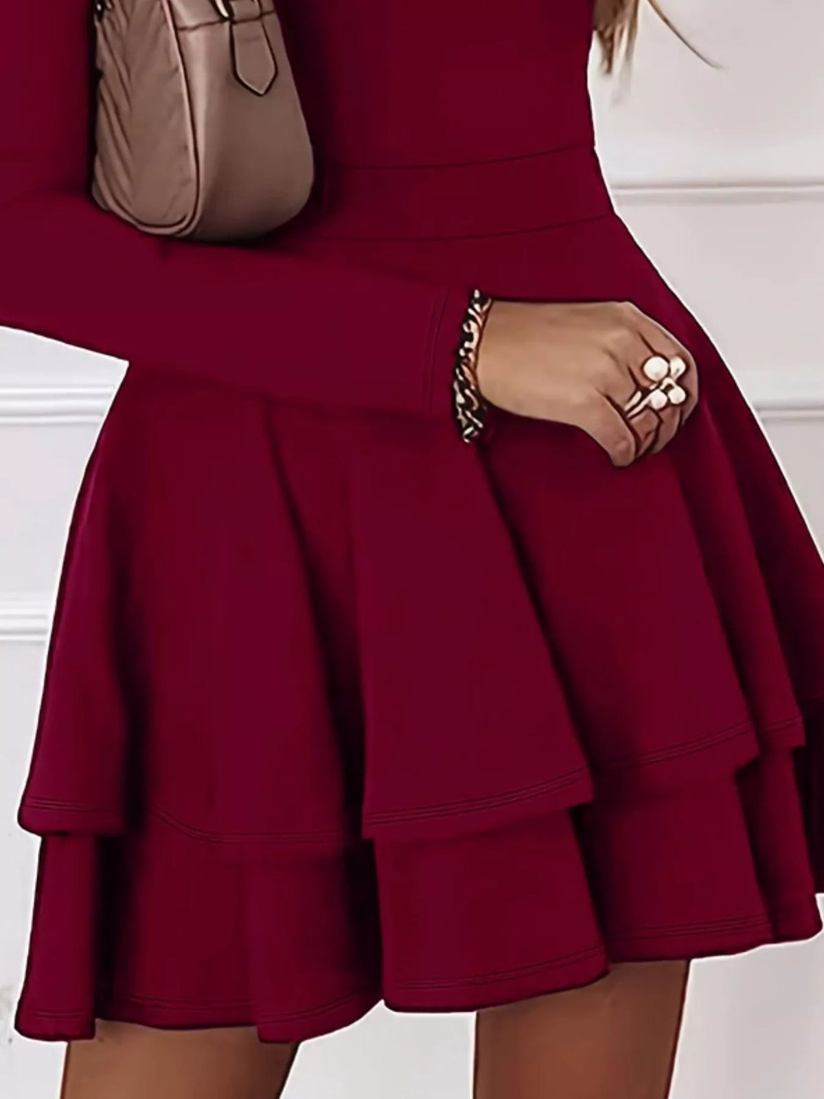 Burgundy tiered ruffle mini skirt with V-neck long sleeves