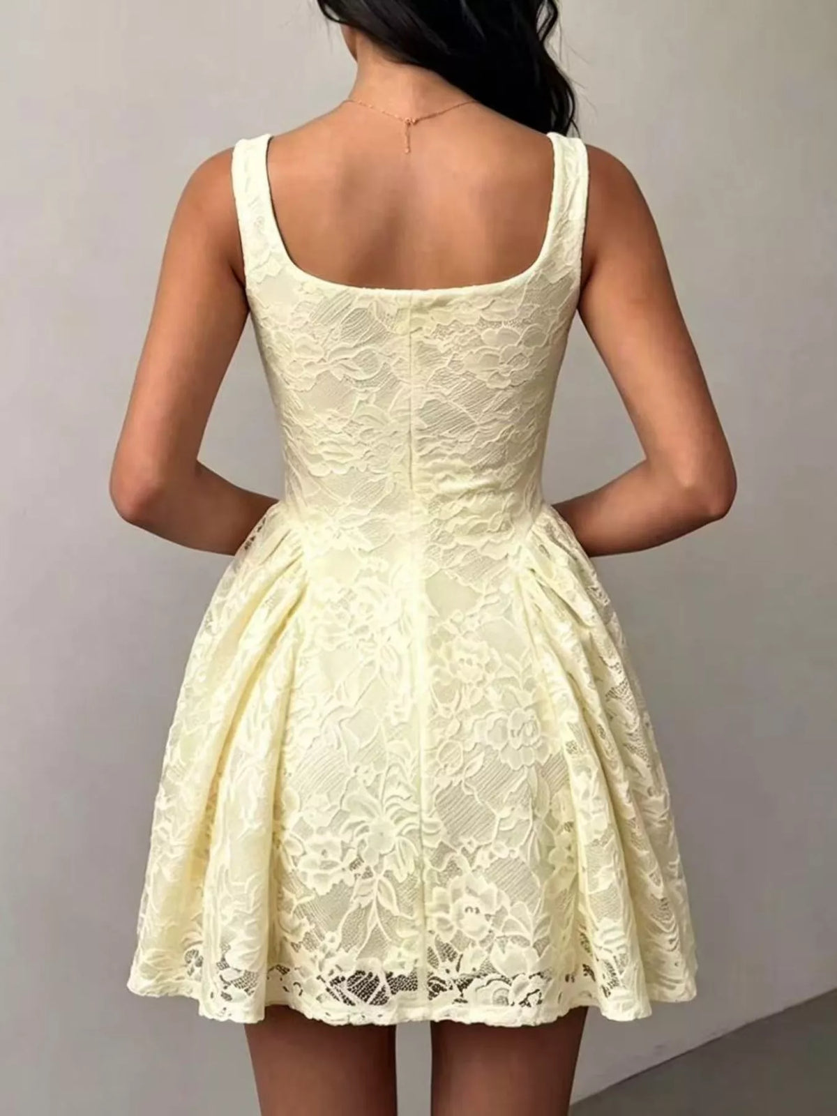Ivory lace square-neck fit-and-flare mini dress, sleeveless back view