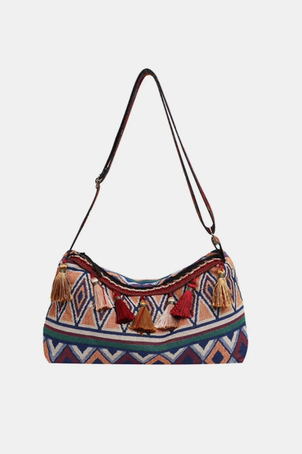 Tassel adjustable shoulder bag in blue and tan geometric pattern with fringe tassels