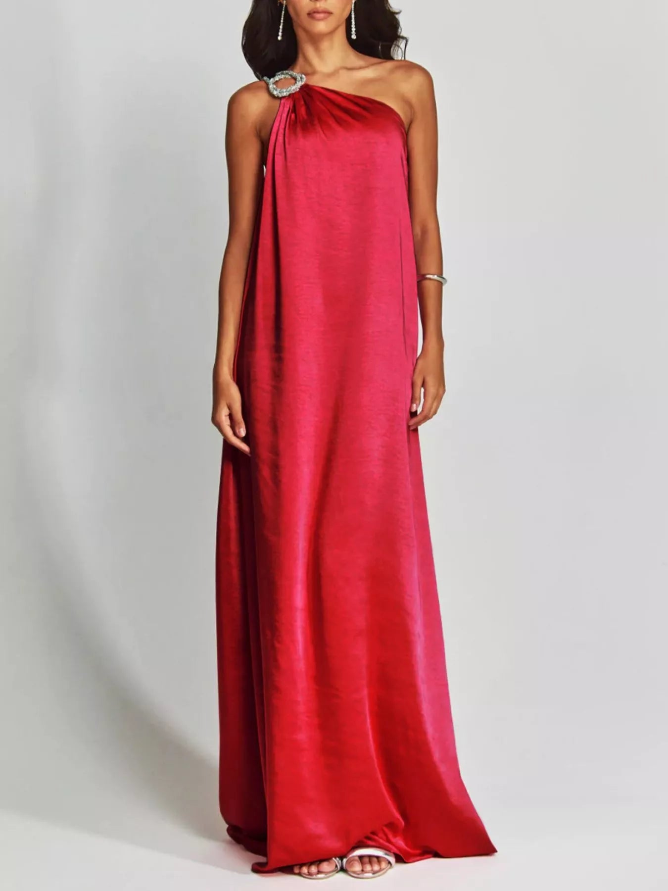 Cedar & Moore one-shoulder rhinestone satin maxi dress in red by Trendsi