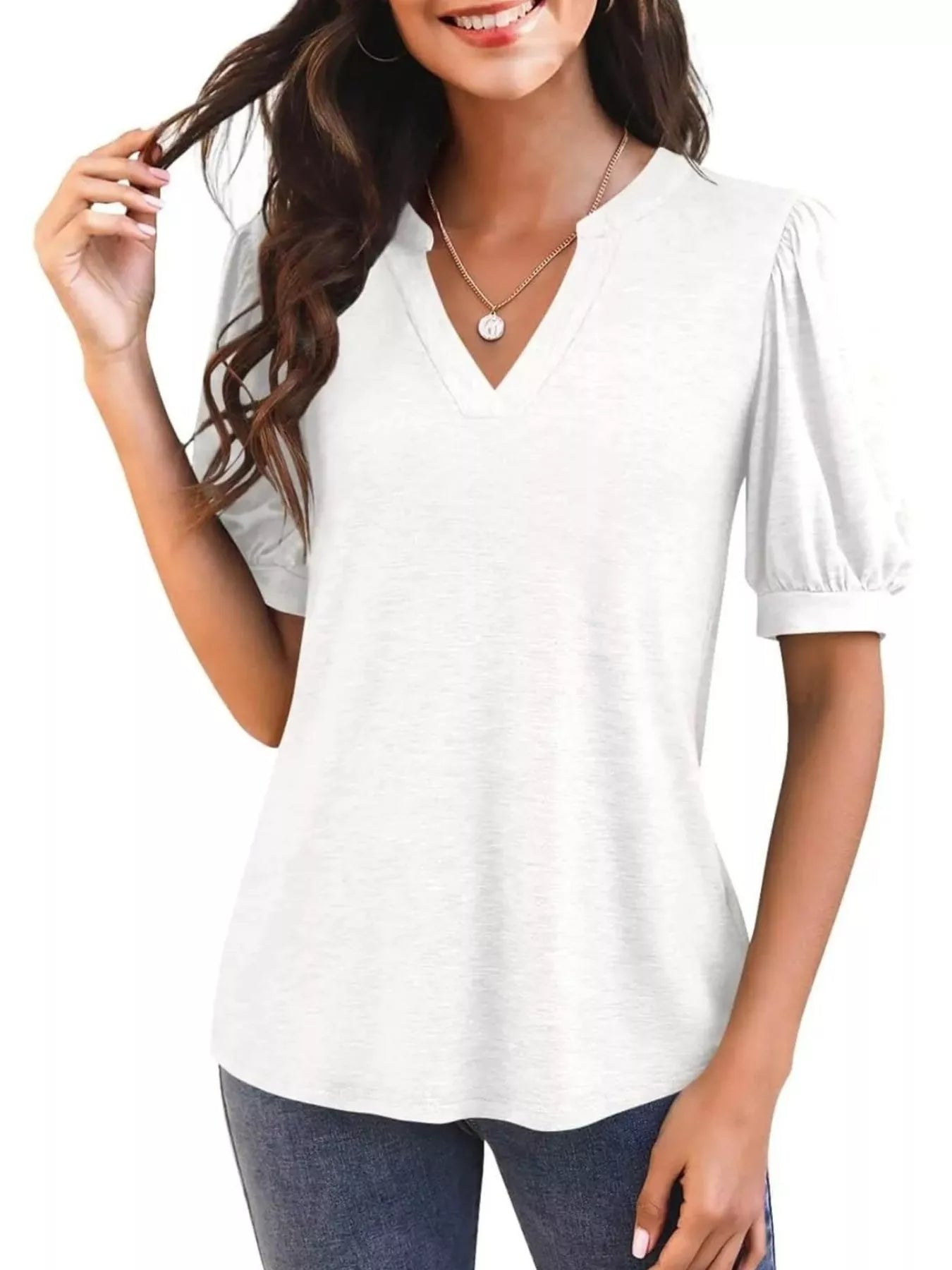 Cedar & Moore Puff Sleeve Notched Casual T-Shirt in white by Trendsi with puff sleeves