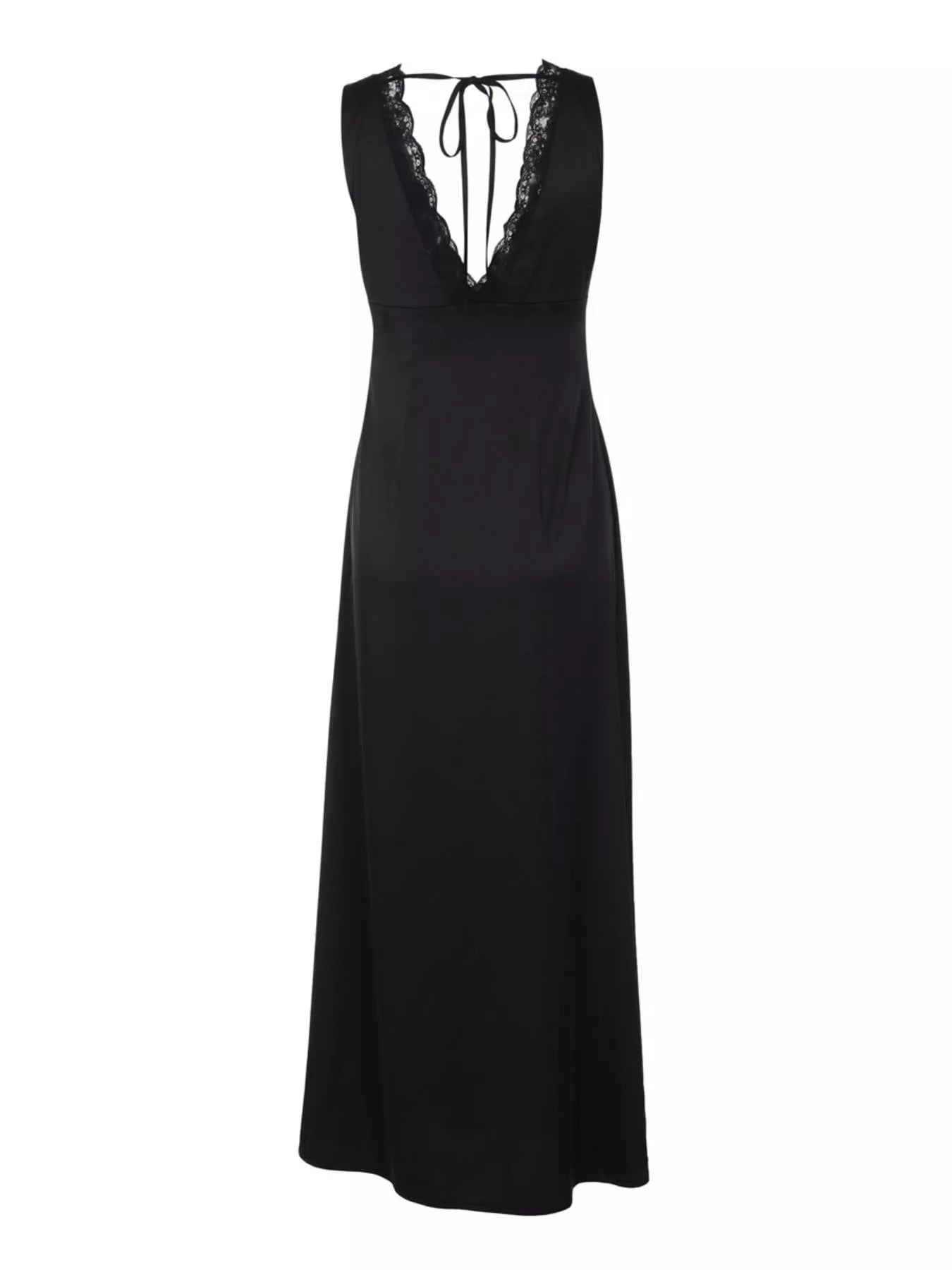 Black lace-trim V-neck sleeveless maxi dress with long, fitted silhouette.