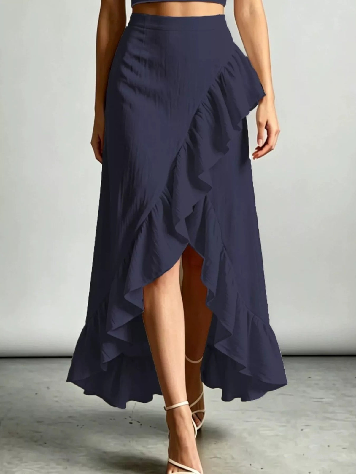 Navy ruffled high-low maxi skirt with halter crop top set