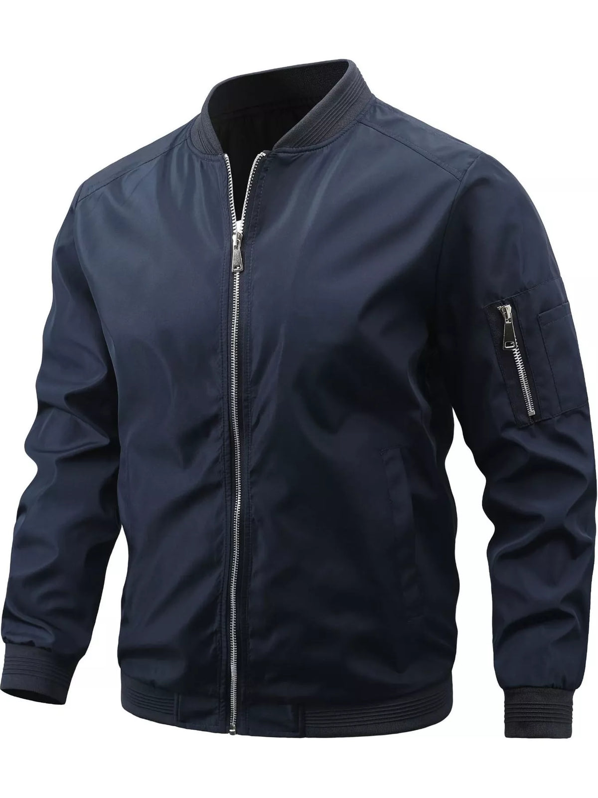Lightweight men’s bomber jacket in navy blue, stand collar, full-zip front