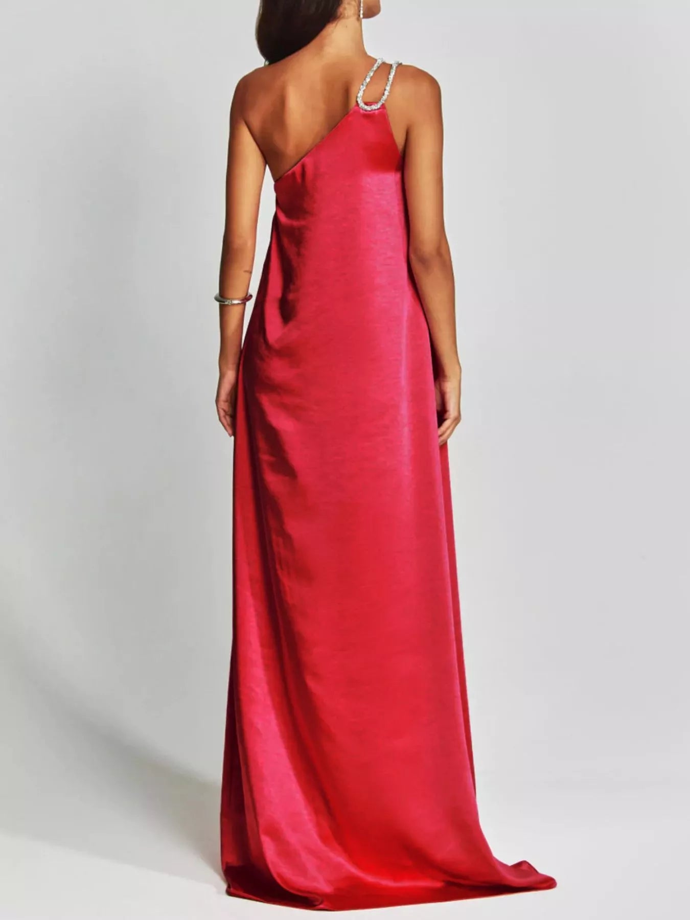 Cedar & Moore One-Shoulder Rhinestone Satin Maxi Dress in pink with jeweled strap
