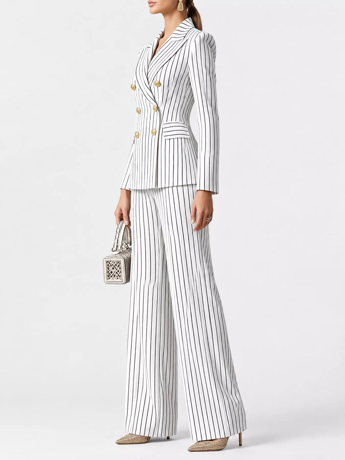White pinstripe tailored blazer and wide-leg pants set with double-breasted front