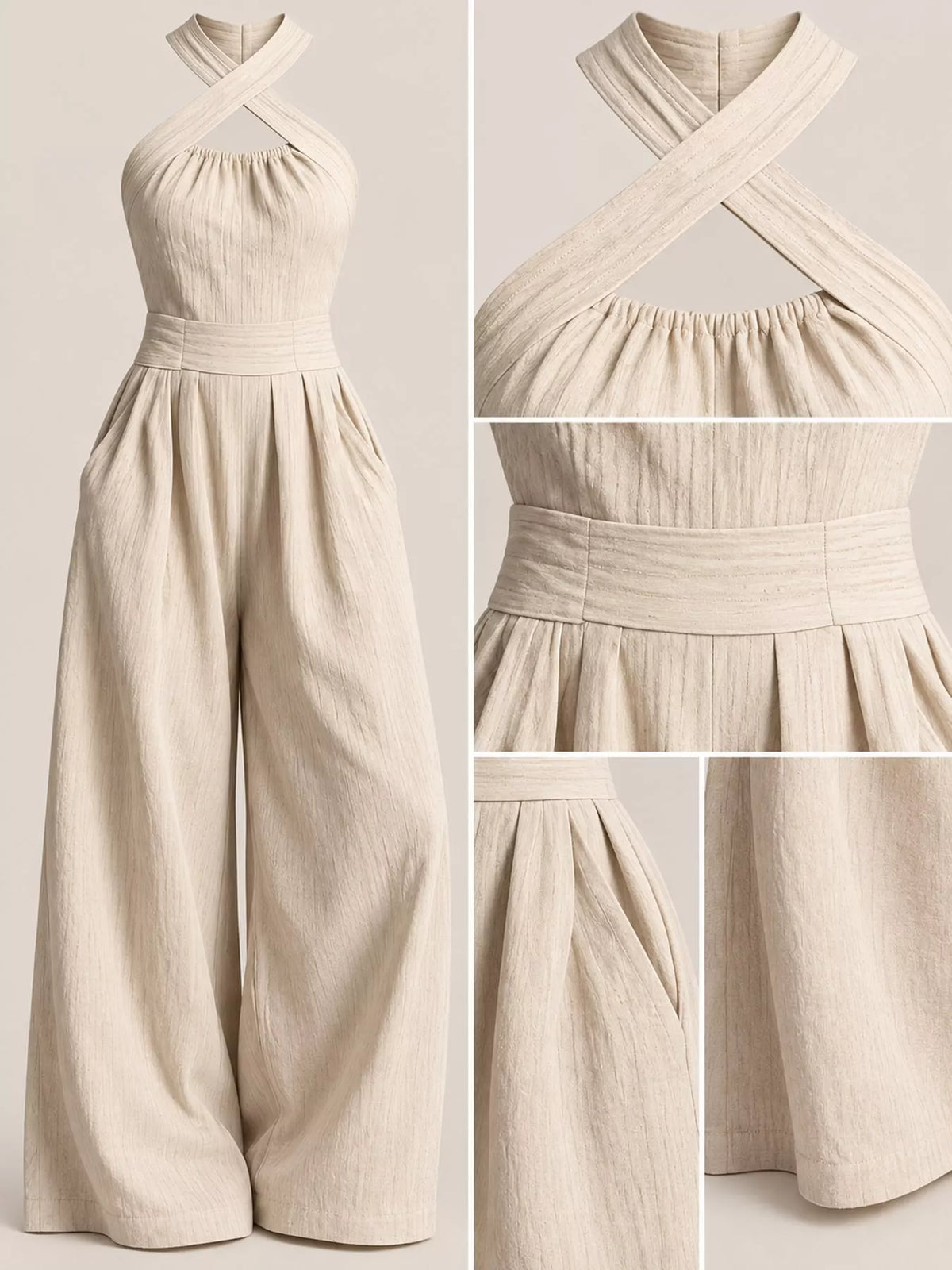 Off-white linen halter jumpsuit details: neckline straps, waist seam, and wide-leg drape