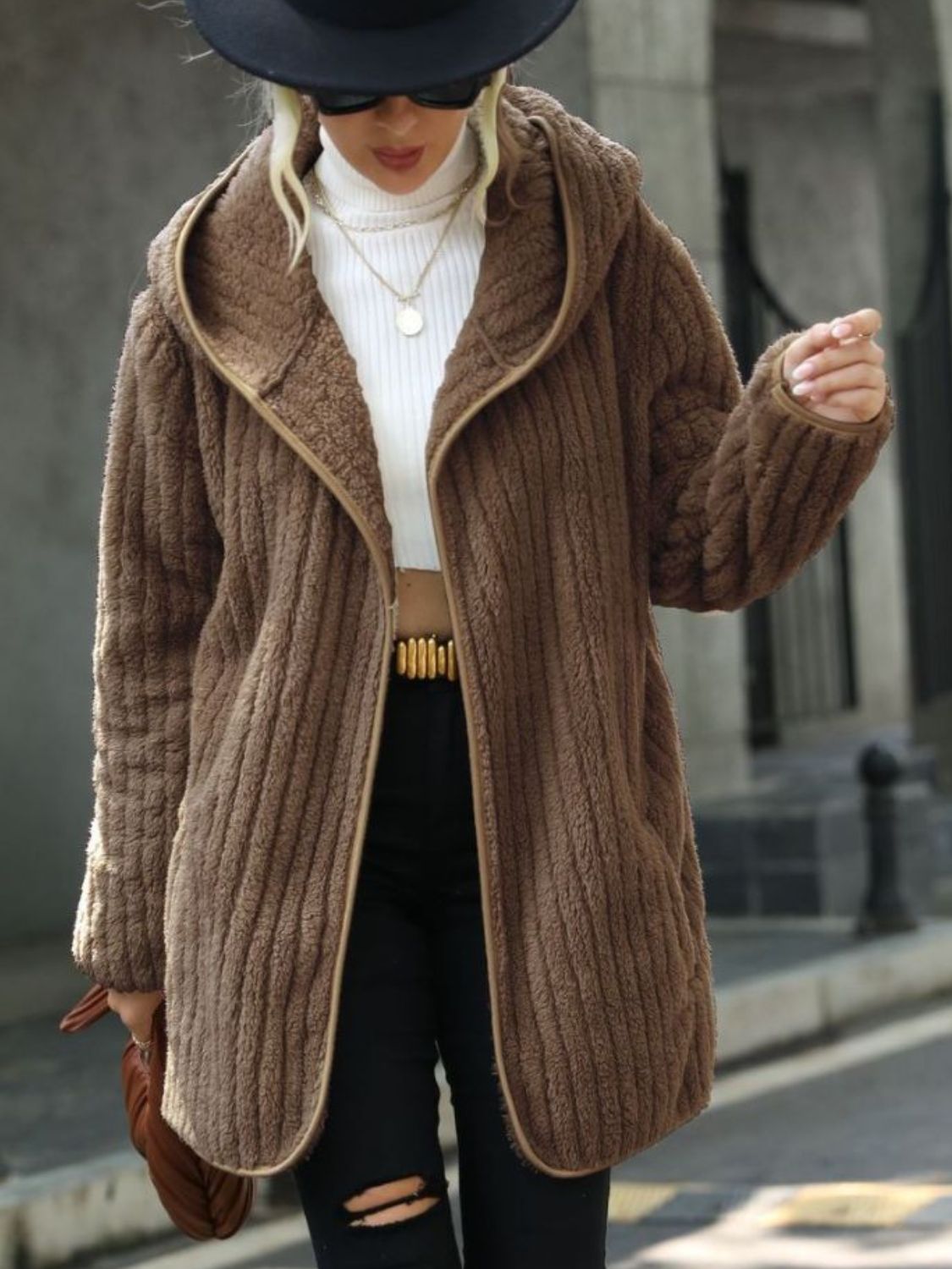 Taupe ribbed hooded open-front coat with hood and textured knit front