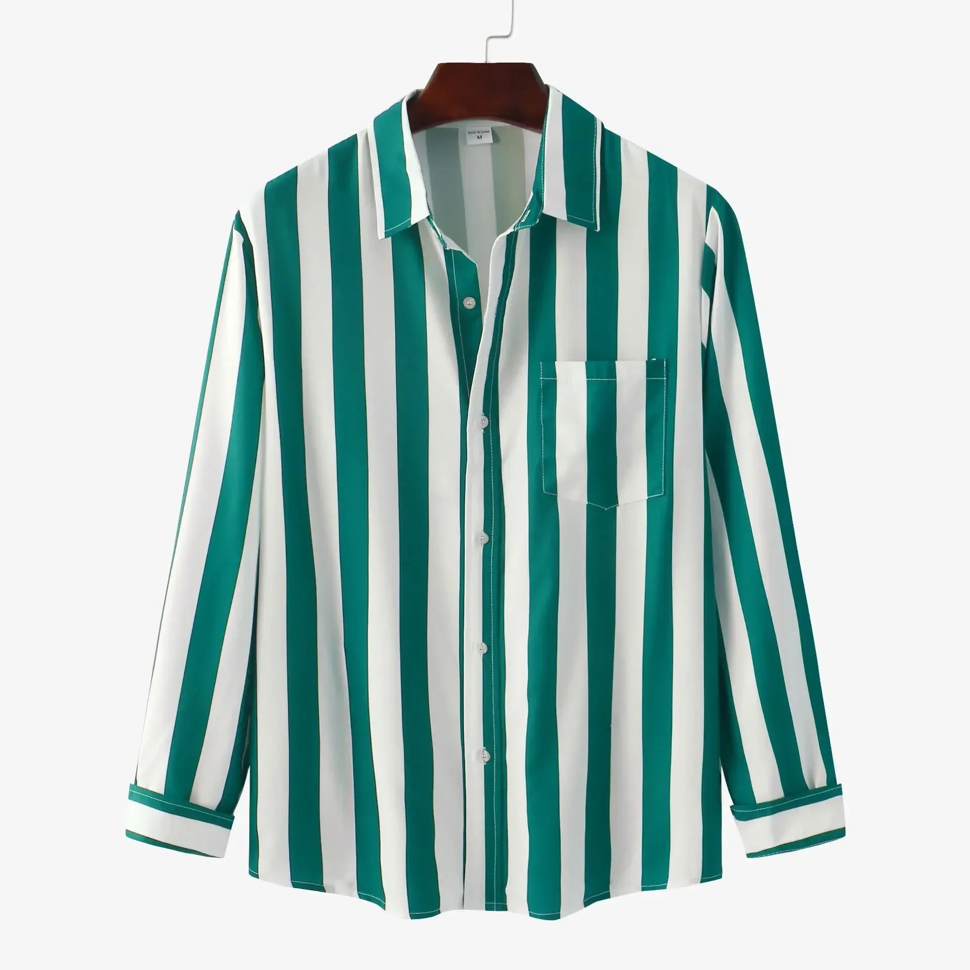 Green-and-white striped button-down long-sleeve shirt, button front, cuffs