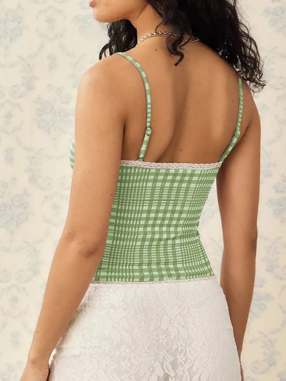 Plaid square-neck lace cami, green gingham, spaghetti straps, back view