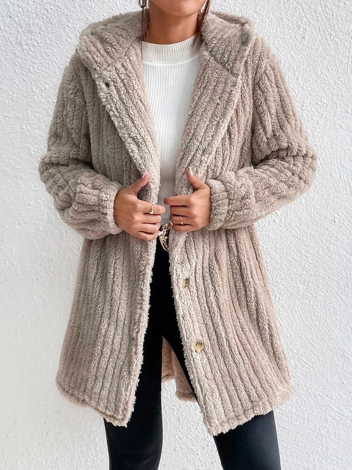 Cream hooded coat with open button front, textured knit, long sleeves