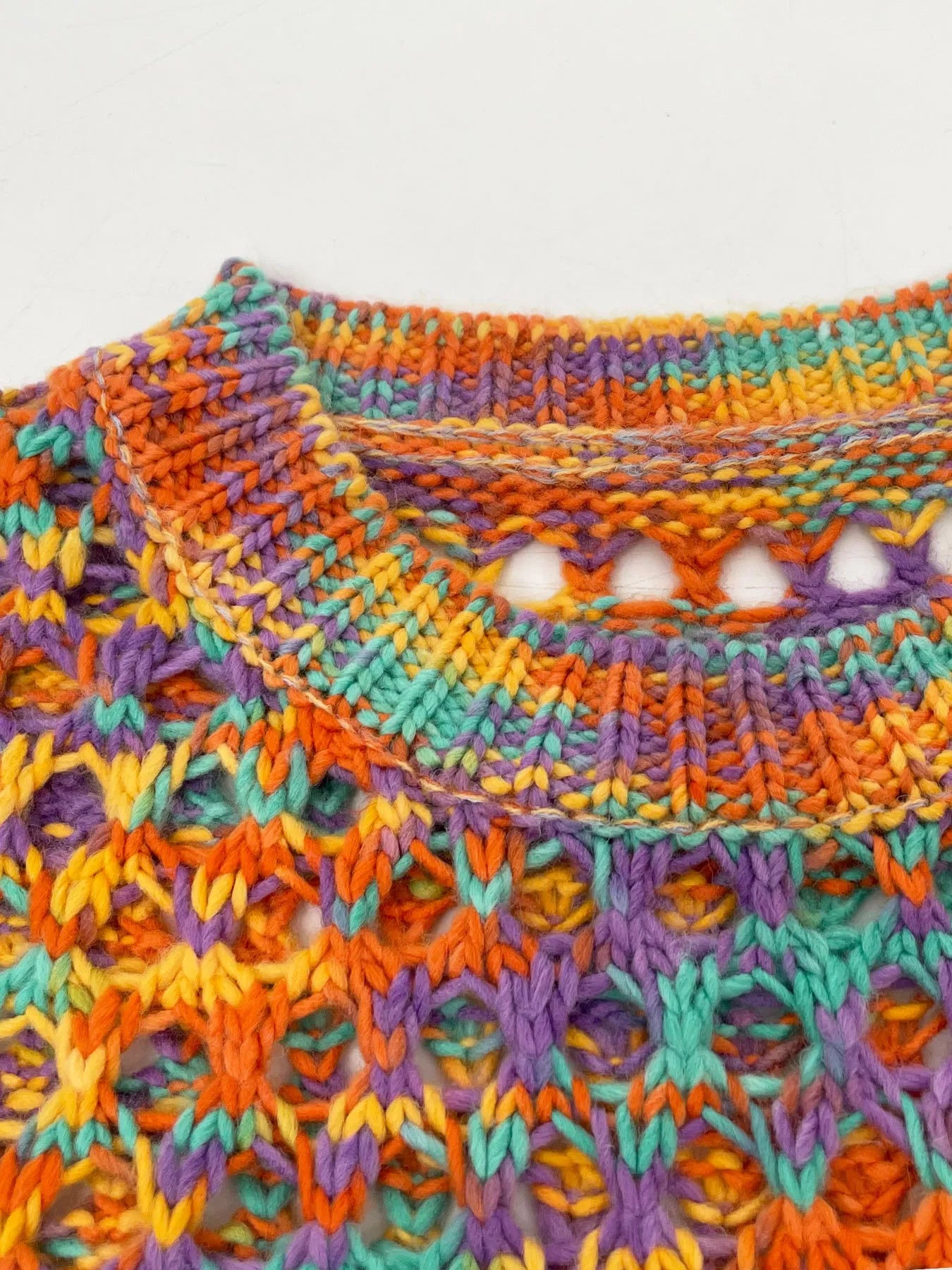Multicolor crochet hollow-out yoke detail with ribbed crew neckline